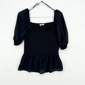 Lush Women Black Balloon Sleeve Cropped Flared Bottom Short Sleeve Top Size M